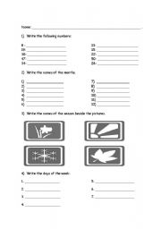 English Worksheet: Number, seasons, months, colours