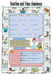 English Worksheet: routine and time dominoes / present simple