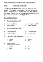 English Worksheet: COMPREHENSION FOR  VERY BEGINNERS - THE FIREFIGHTER