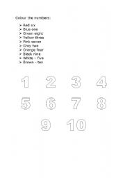 English Worksheet: Colour the Numbers 1-10