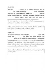 English worksheet: gap filling activity, pollution and computers