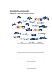 English worksheet: Categorization of days, months and seasons