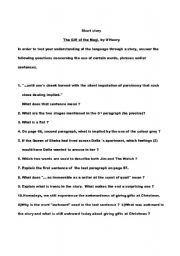 English Worksheet: The gift of the Magi, comprehension evaluation