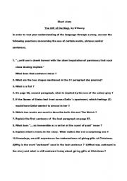 English worksheet: The gift of the Magi, comprehension evaluation