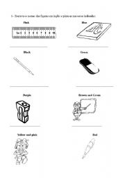 English Worksheet: colors and school objects