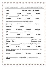 English worksheet: test for grade 4 students