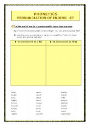 English worksheet: Phonetics - pronunciation of  final -et