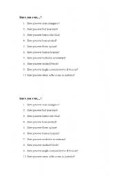 English worksheet: Have you ever questions