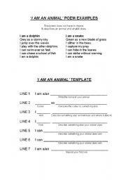 English worksheet: I am an animal poems