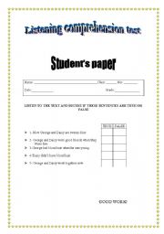 English Worksheet: listening comprehension test. 