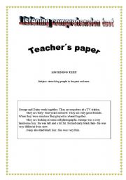 English Worksheet: Listening comprehension test. teachers paper