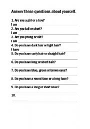 English worksheet: Questions about yourself.