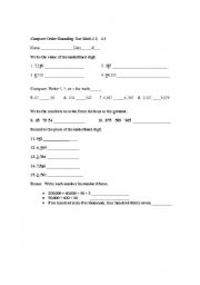 English worksheet: compare/order/round numbers exercise third or fourth grade