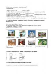 worksheet on tourism