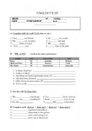 English Worksheet: Grammar test: verbs to be, have got, there to be, can, like; question words 