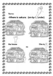 English Worksheet: preposition (on,in under,behind) sakura