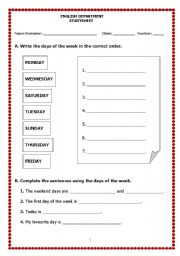 English worksheet: Days and school subjects