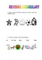 English worksheet: revison of vocabulary related with colours, food and animals!!!!