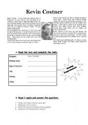 English Worksheet: Simple Past Reading Comprehension exercise about Kevin Costner