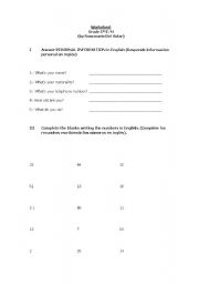 English worksheet: Personal Information, Numbers, Days of the week and Greetings
