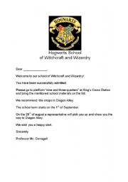 Hogwarts School, Letter of admission