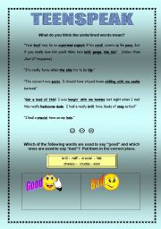 English Worksheet: Teenspeak - 2 pages + answers with explanations