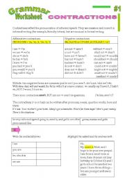 English Worksheet: GRAMMAR WORKSHEET 1: Contractions