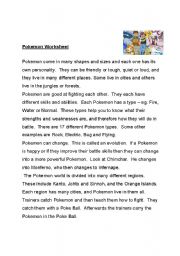 English worksheet: Pokemon Reading Comprehension exercise