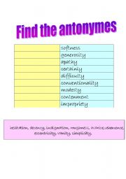 English worksheet: FIND THE ANTONYMES- NOUNS! + KEY