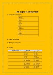 English Worksheet: Zodiac Signs - Part 1