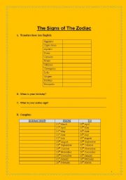 English worksheet: Zodiac Signs - Part 1