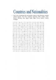 Countries and nationalities wordsearch