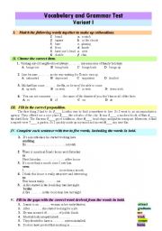 English Worksheet: Vocabulary and Grammar Test. II variants+ Keys
