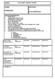 English worksheet: Short story cover sheet with checklist and rubric