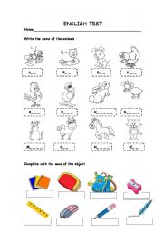 English Worksheet: English Test. Animals and School vocabulary