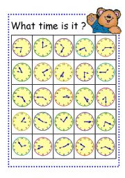 English Worksheet: Board Game- Telling Time Bingo Card Part2