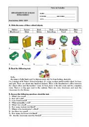 English Worksheet: School objects + reading comprehension