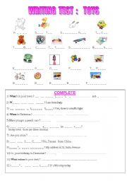 English worksheet: WRITING  TEST  : TOYS