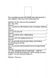 English Worksheet: An interview to Zac Efron