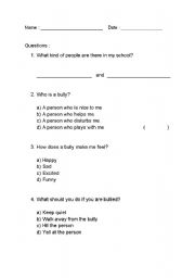 English worksheet: Questions on Bullies