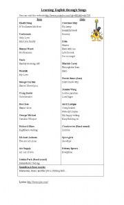 English Worksheet: song list