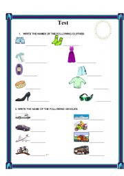 English Worksheet: clothes and vehicles