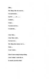 English worksheet: speaking about your likes and dislikes