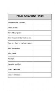 English worksheet: FIND SOMEONE WHO... (Mixed tenses)