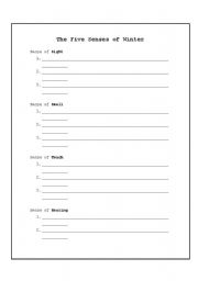 English Worksheet: The Five Senses of Winter Writing Outline