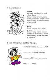 Clothes worksheet, read and colour + look and write