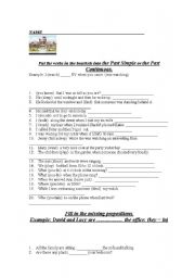 English worksheet: tense review past simple and past continuous, prepositions and vocabulary related to family