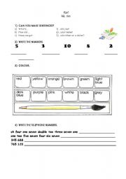 English Worksheet: TEST  (Numbers, colours, Tel. numbers, toys, Instructions, ...)