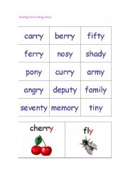 English worksheet: Reading choices for y making different sounds at the end of a word