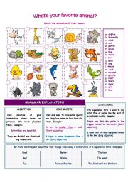 English Worksheet: ANIMALS/ADJECTIVES/COMPARATIVES/SUPERLATIVES